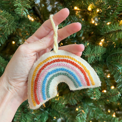 Rainbow embroidered wool Christmas ornament, back view