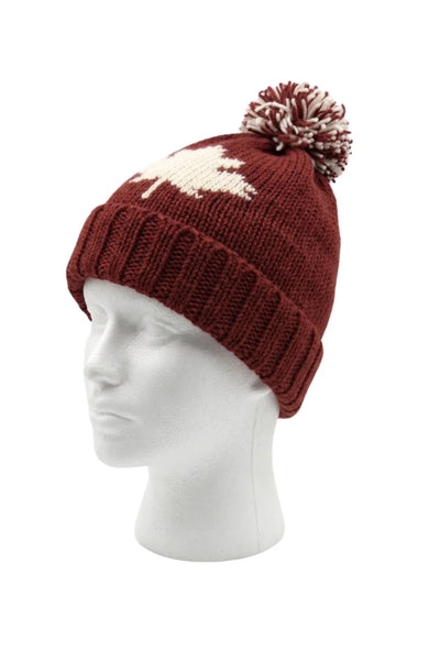 Maple Ice Toque in burgundy with a maple leaf