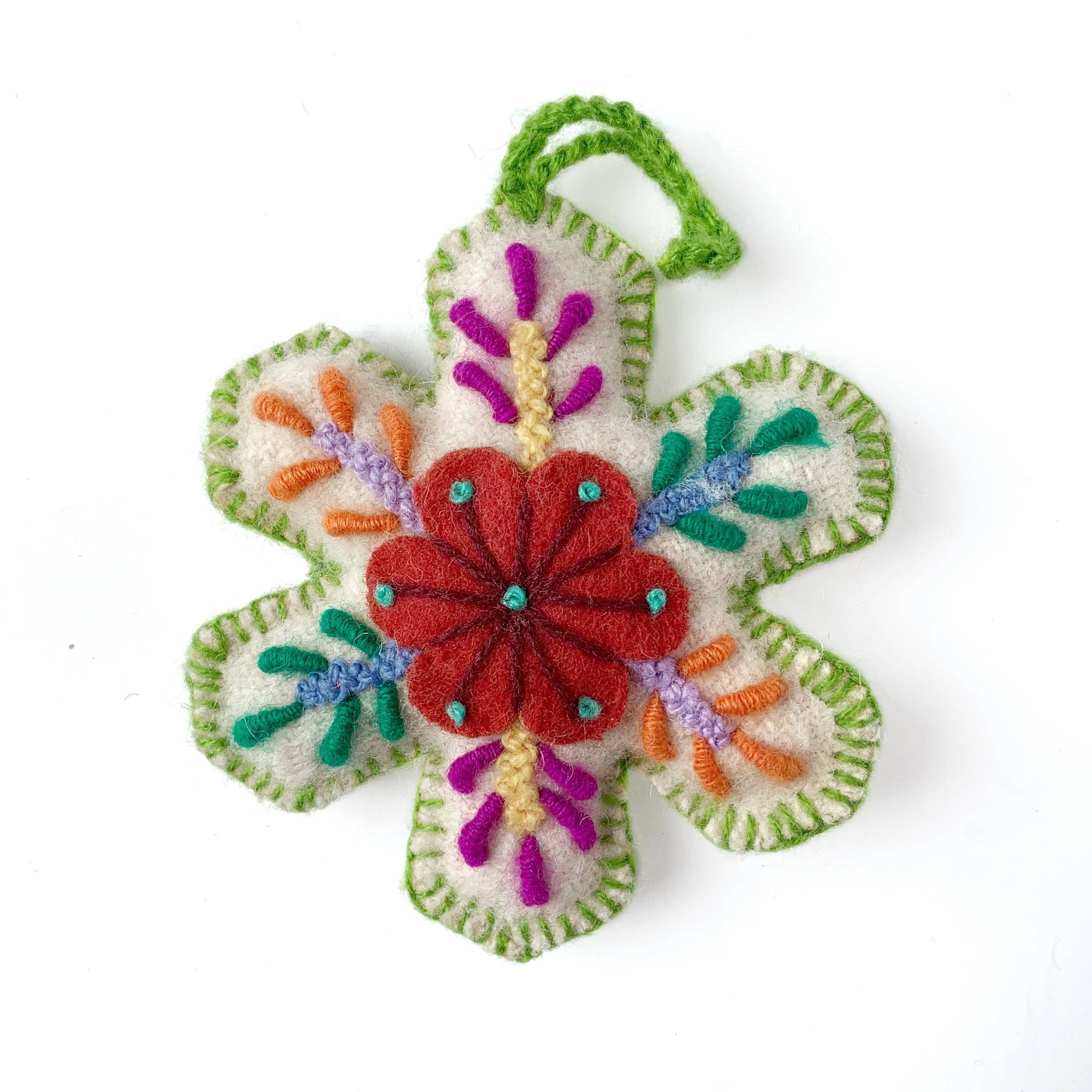 White Snowflake Embroidered Christmas Ornament, Various Colors