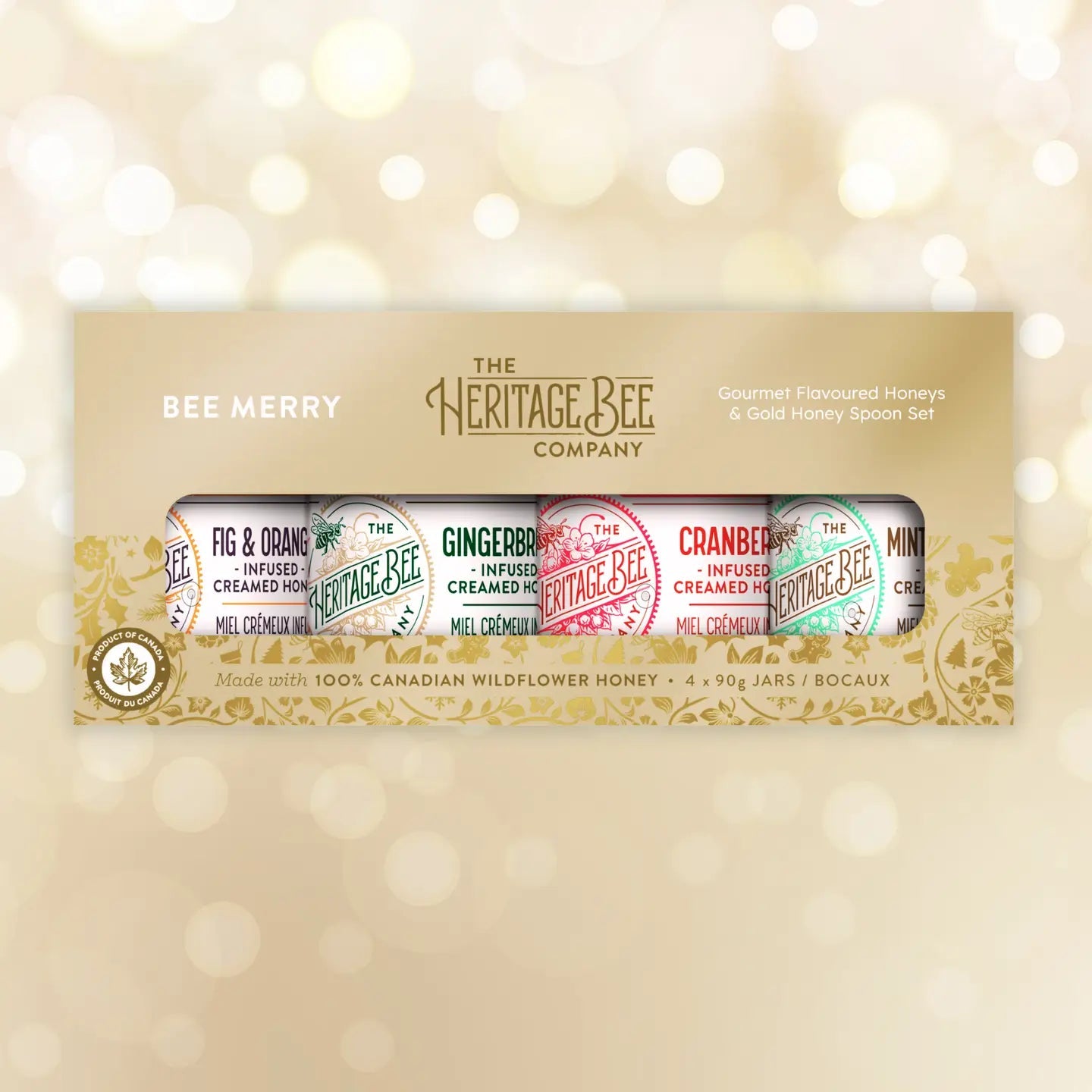 BEE MERRY Gourmet Honey Gift Set with gold honey spoon