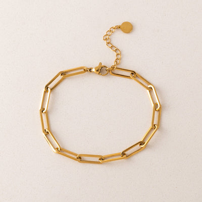 Bold paperclip bracelet in gold by Lover's Tempo, close-up