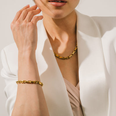 Veya chain necklace and bracelet in gold by Lover's Tempo, worn together