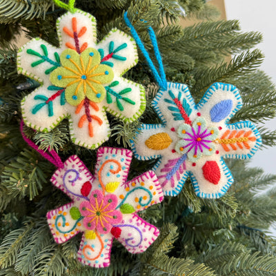 White Snowflake Embroidered Christmas Ornament, Various Colors