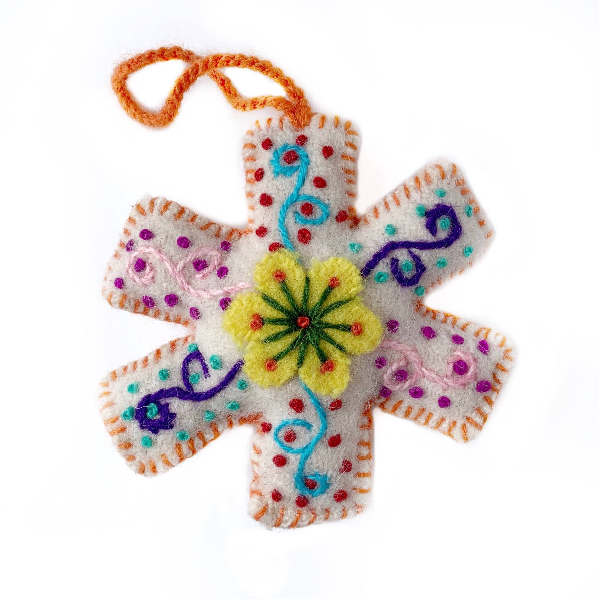 White Snowflake Embroidered Christmas Ornament, Various Colors