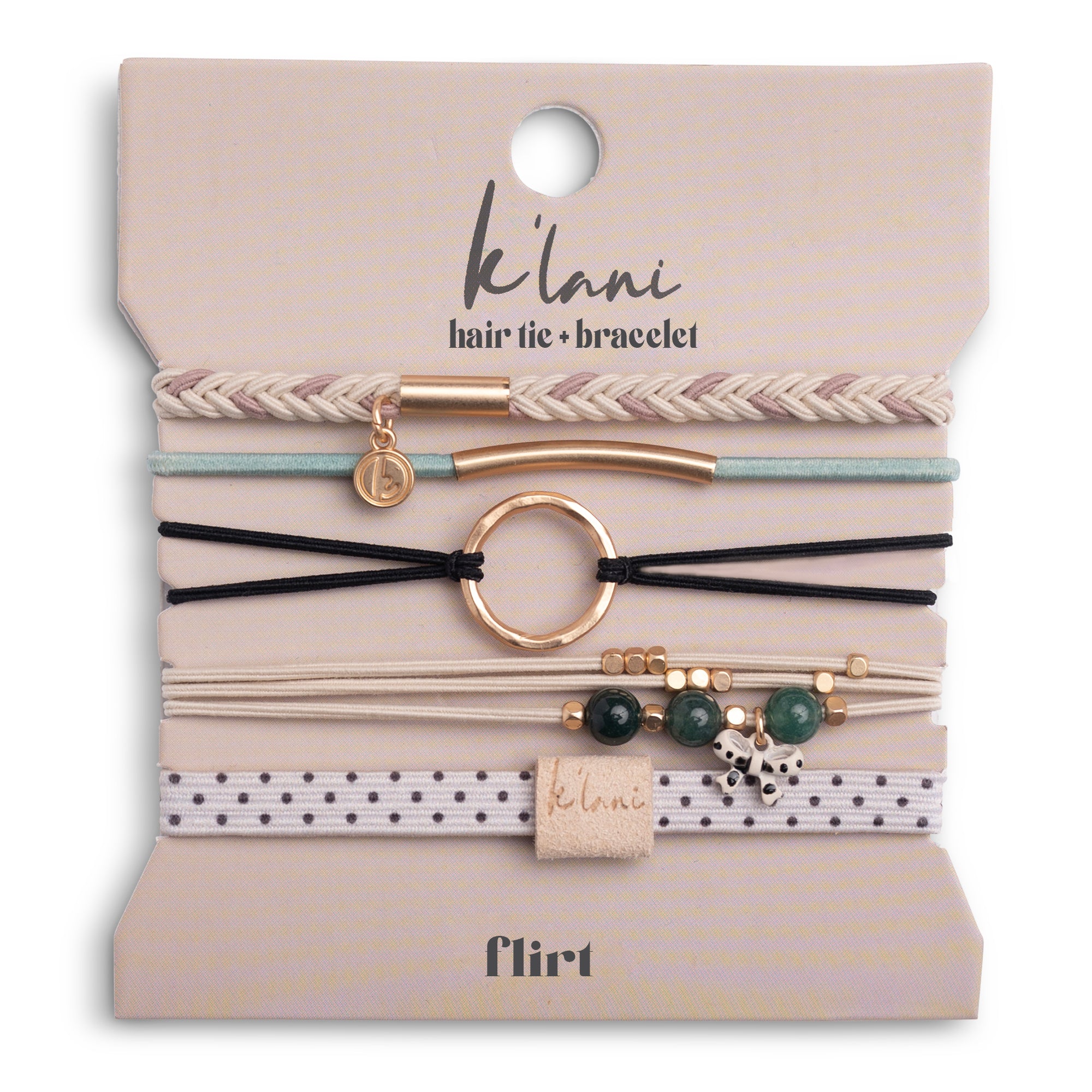 K'lani Flirt Hair Tie Bracelet in polka dot cream and black