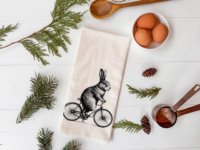 Bunny on a Bike Tea Towel with Hang Tag