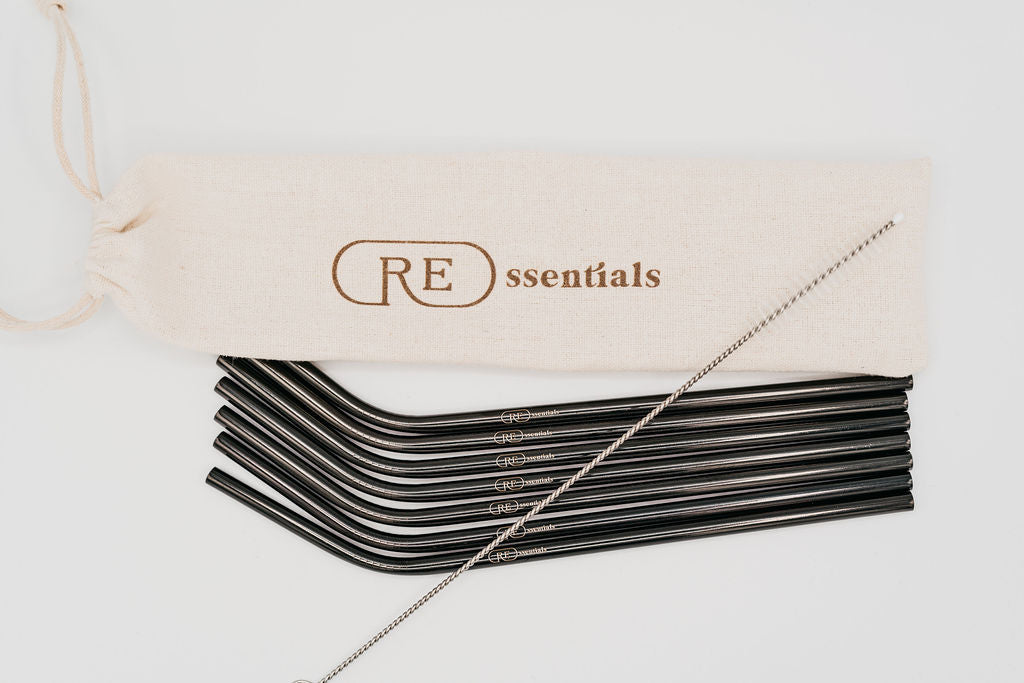 stainless steel reusable straw bent black seven pack with bag and cleaner